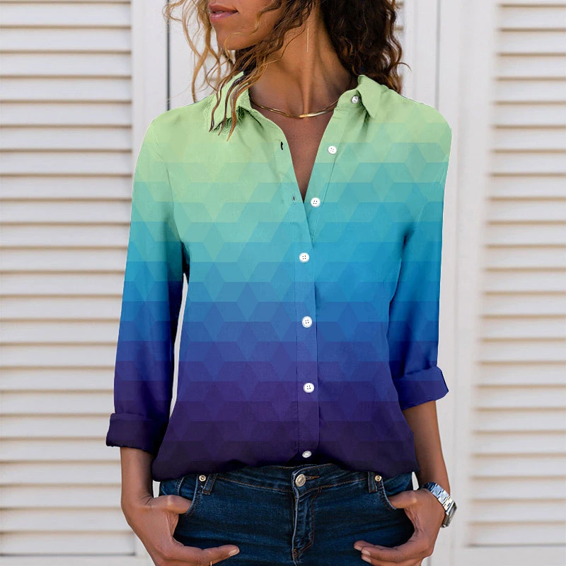 Women's 3D Digital Printing Gradient Color Polo Collar Top Youth Simplicity Casual Ladies Shirt