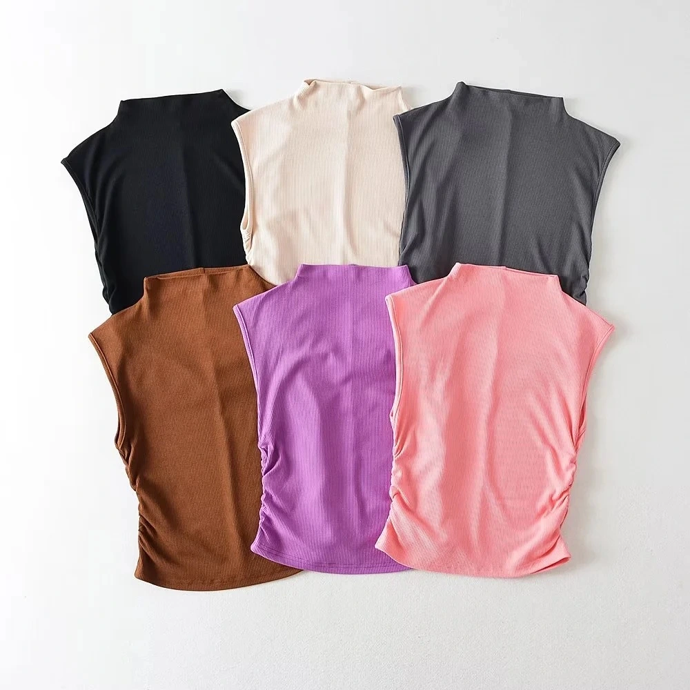 Women's Short Half-turtleneck Stretch Slim-fit Pleated Vest