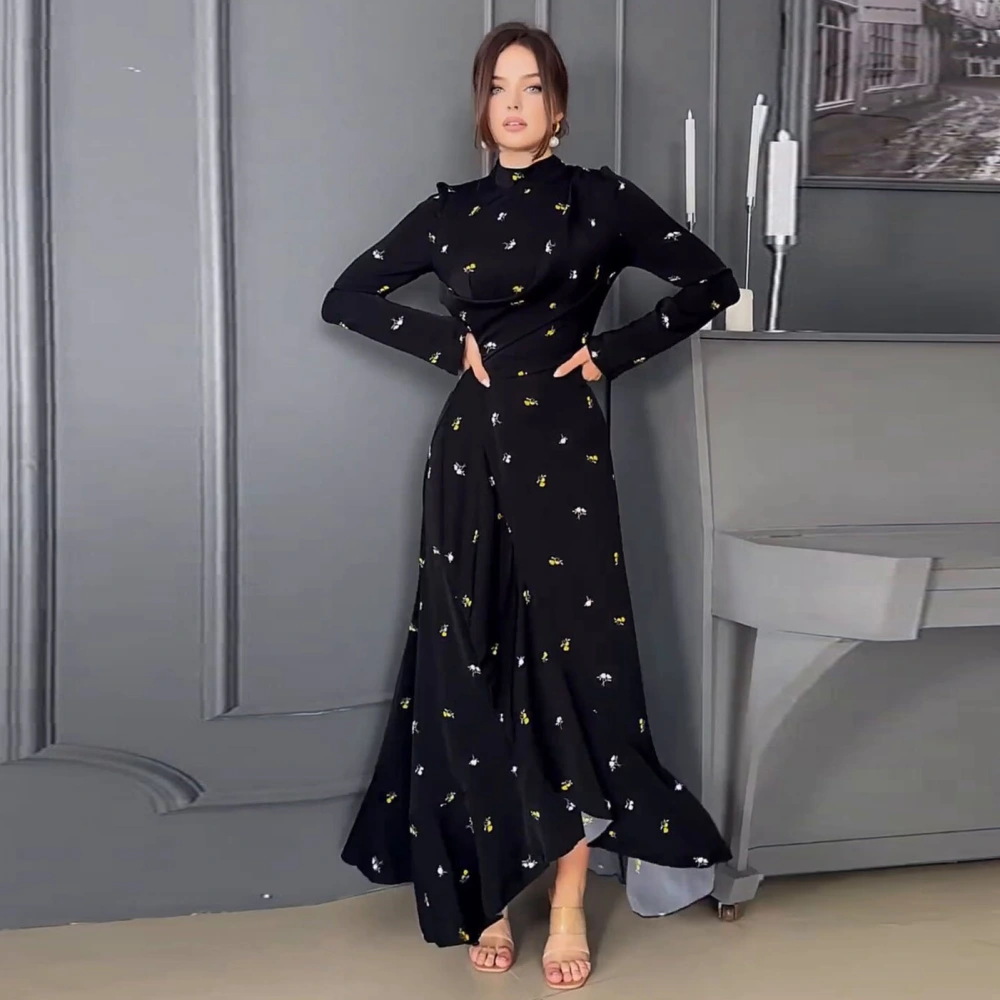 Long Sleeve Slim Fit Ruffled Large Swing Dress