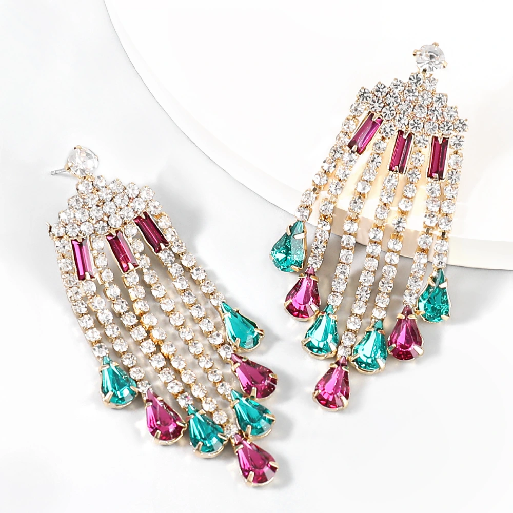 Alloy Diamond-studded Tassel Female Earrings Sapphire Blue