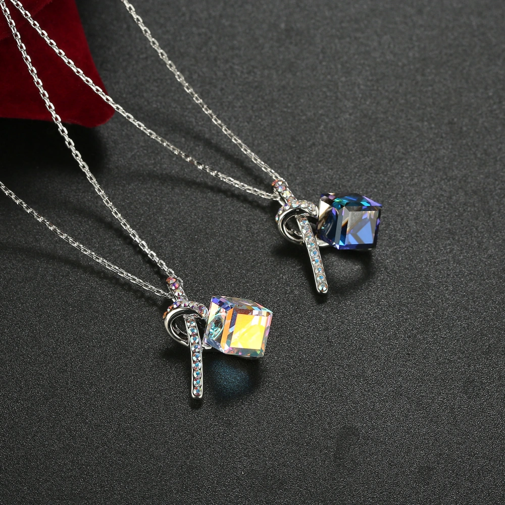 Crystal Aurora Borealis Cube Pendant Sweet Cool Necklace