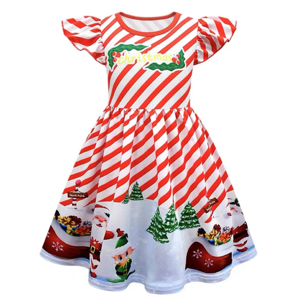 Girl Christmas Costume Dress, Cartoon Print Flying Sleeve Dress