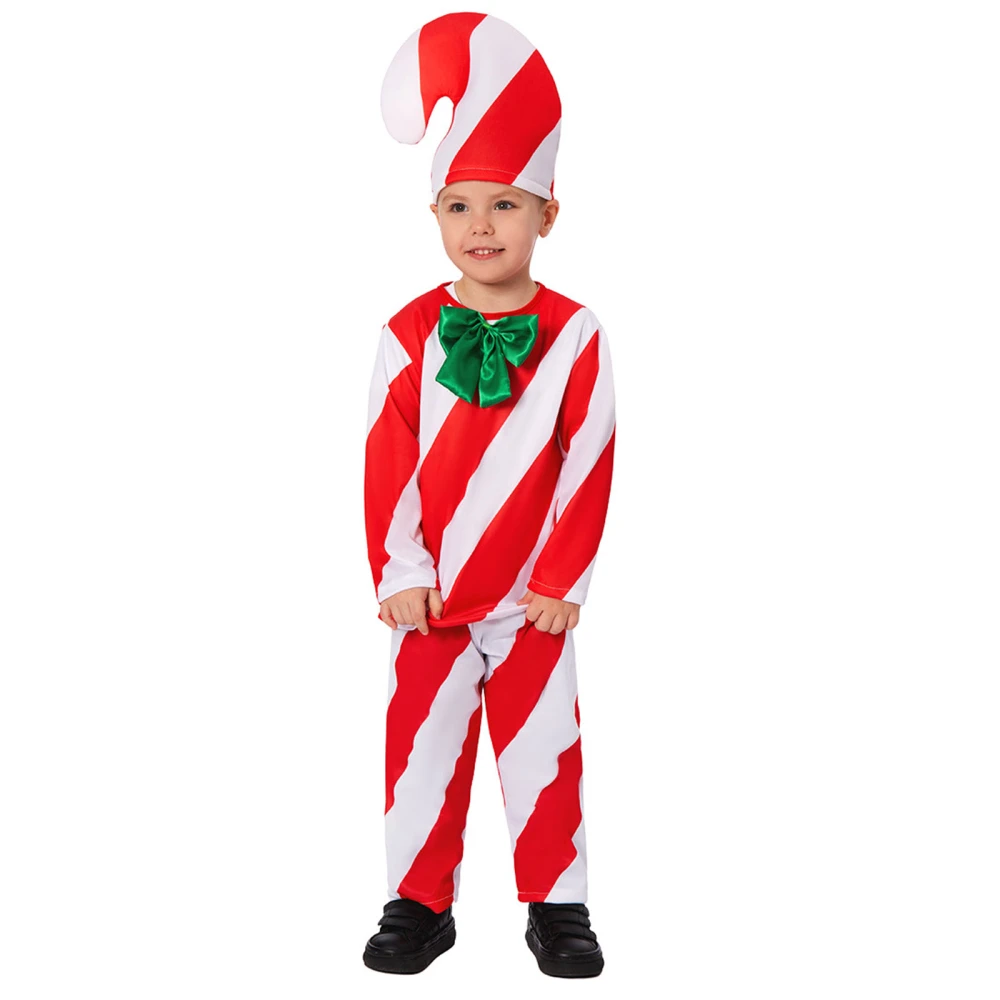 Kids Christmas Candy Cane Costume Long Sleeve Tops Pants Hat Set