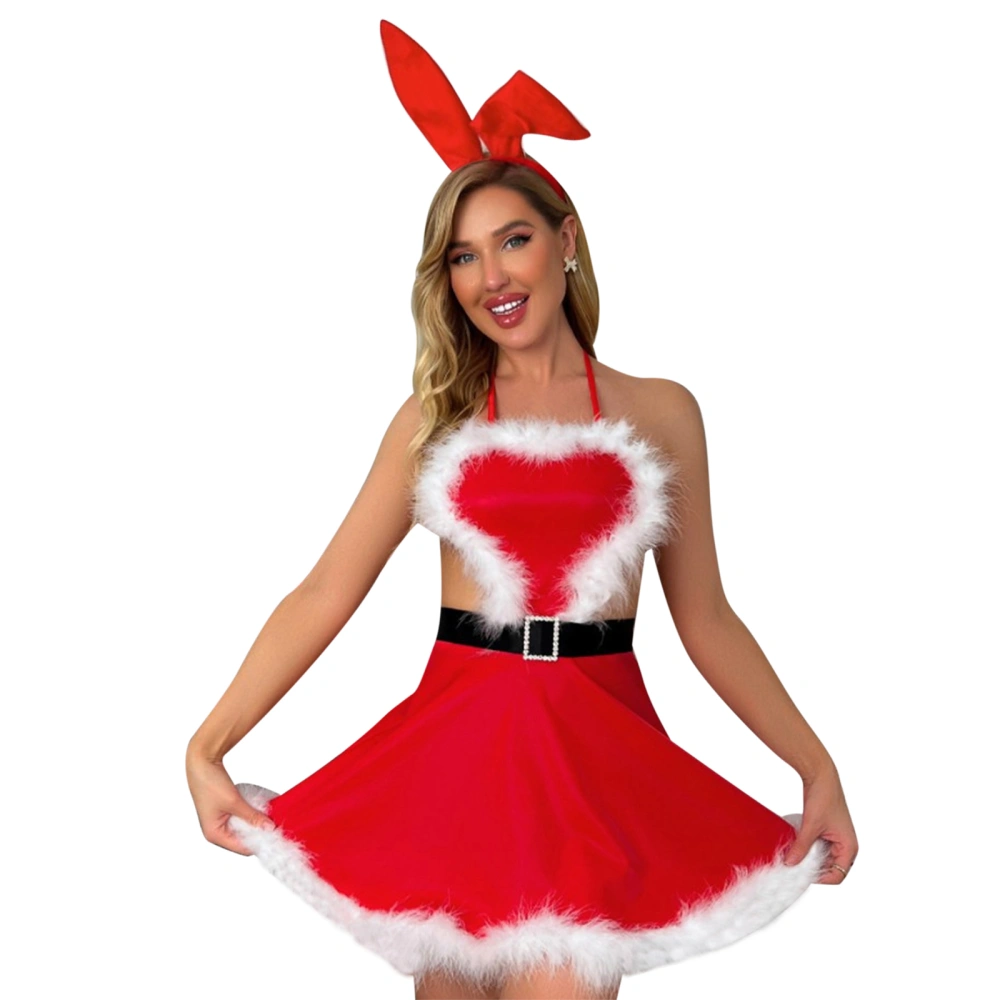 Women's Christmas Sleeveless Halter Neck Belted Santa Party Dress