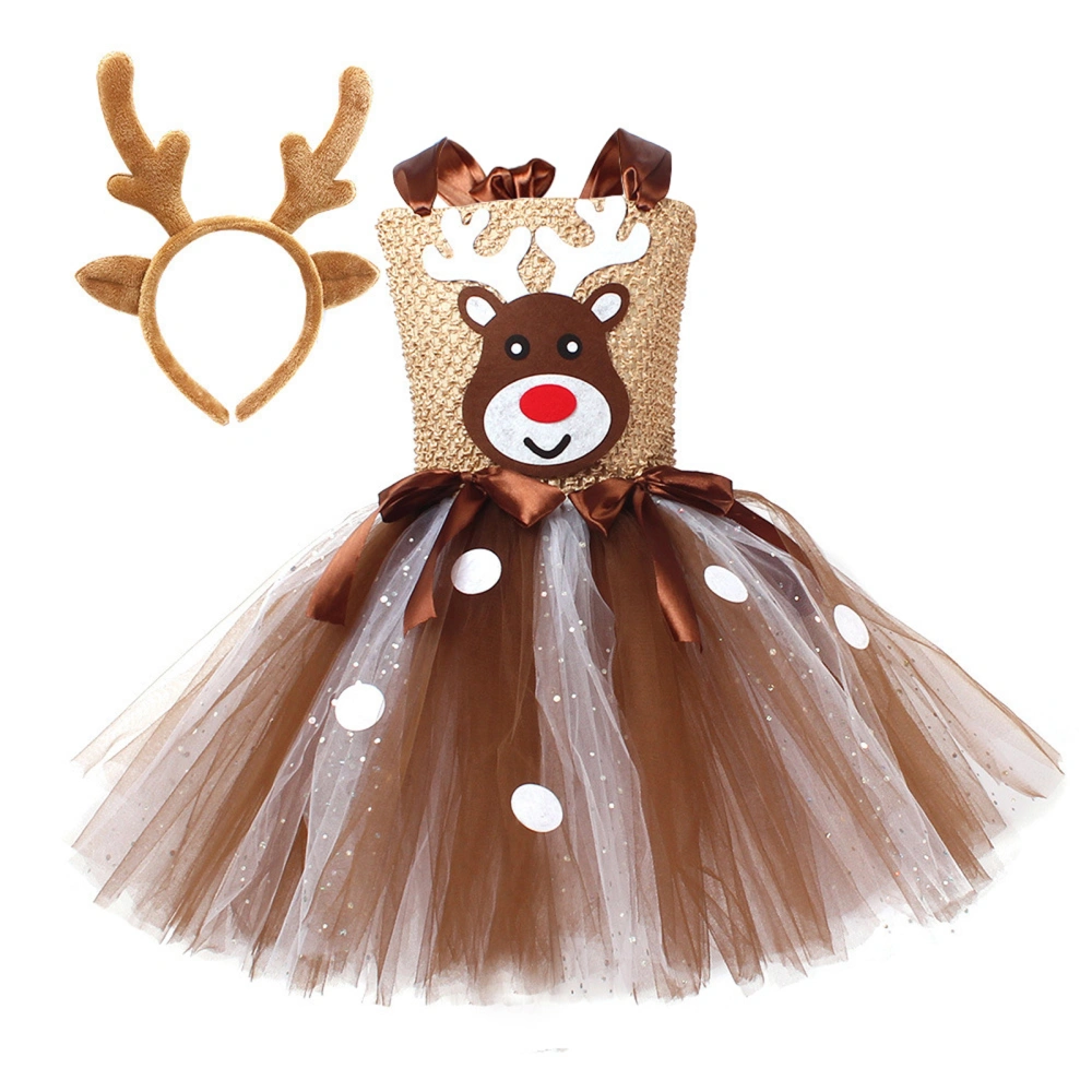 Girl Christmas Outfit, Elk Tulle Patchwork Slip Dress with Hair Hoop