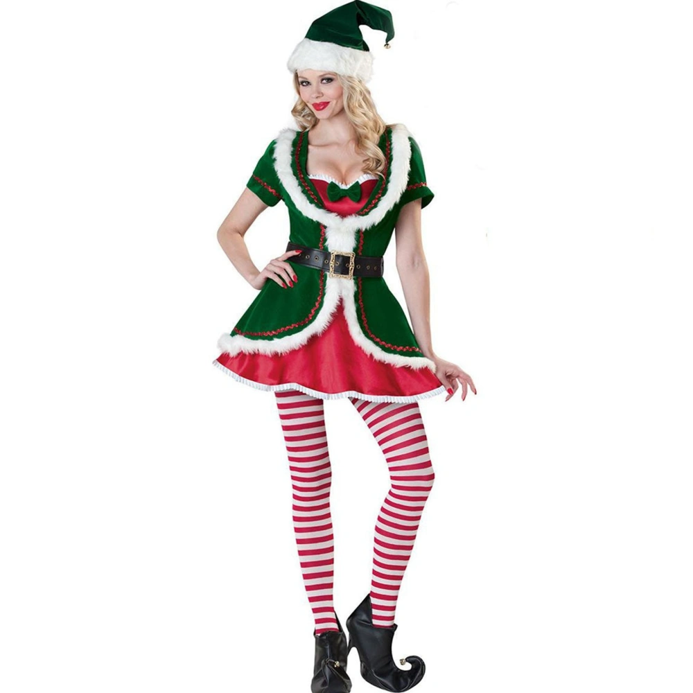 Women Christmas Elf Costumes Dress with Belt Hat Striped Stocking Set 