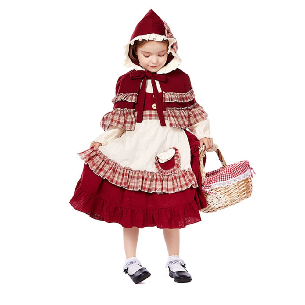 Girls Halloween Cosplay Party Dress Tops with Apron Red Hooded Cloak 