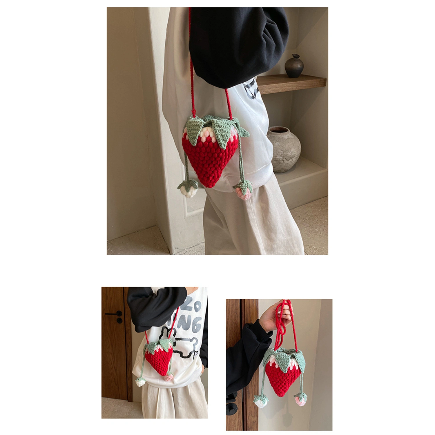 Women Cute Crossbody Bag Fashion Crocheted Strawberry Shoulder Bag 