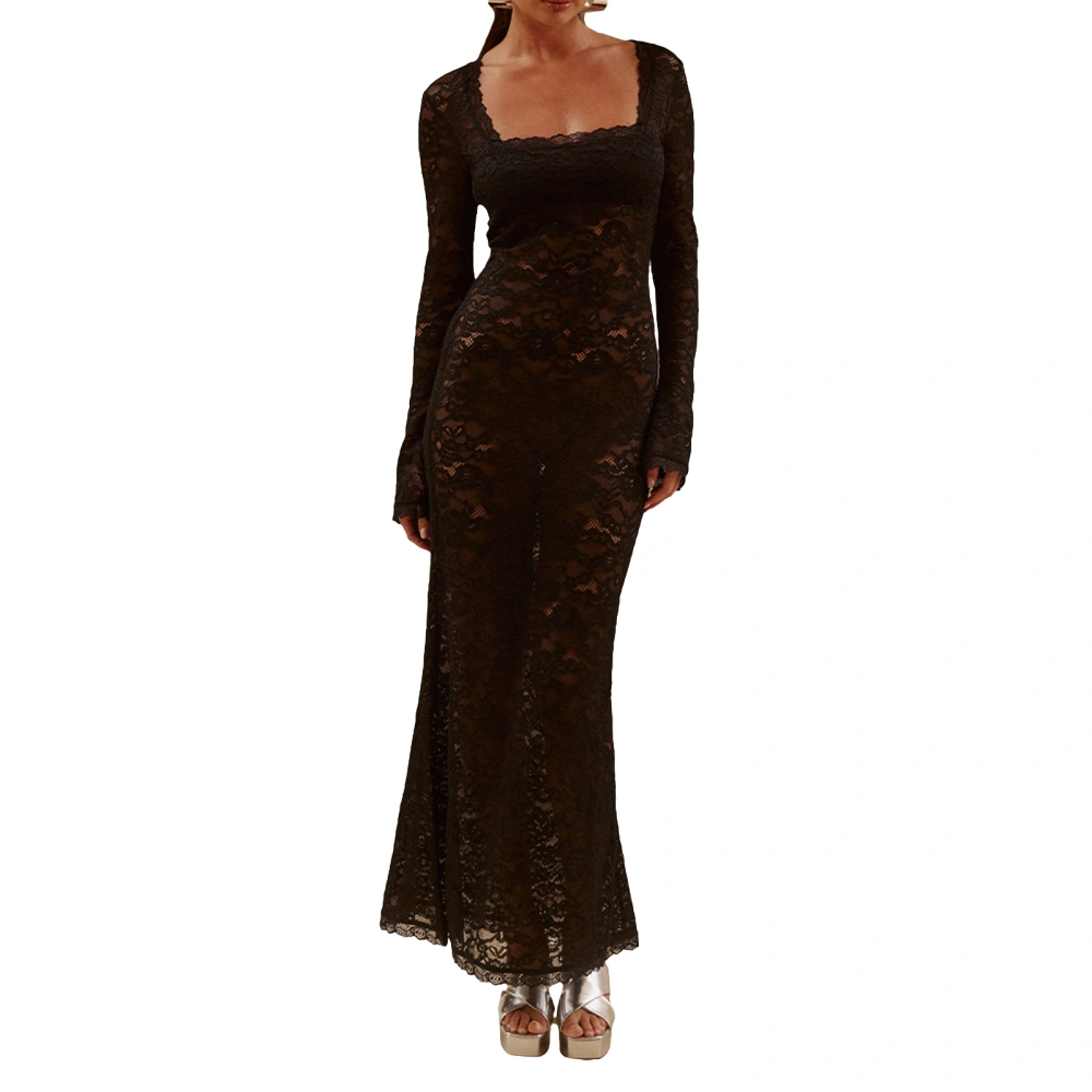 Women's Autumn Long Sleeve Square Neck Lace Floral Evening Dress