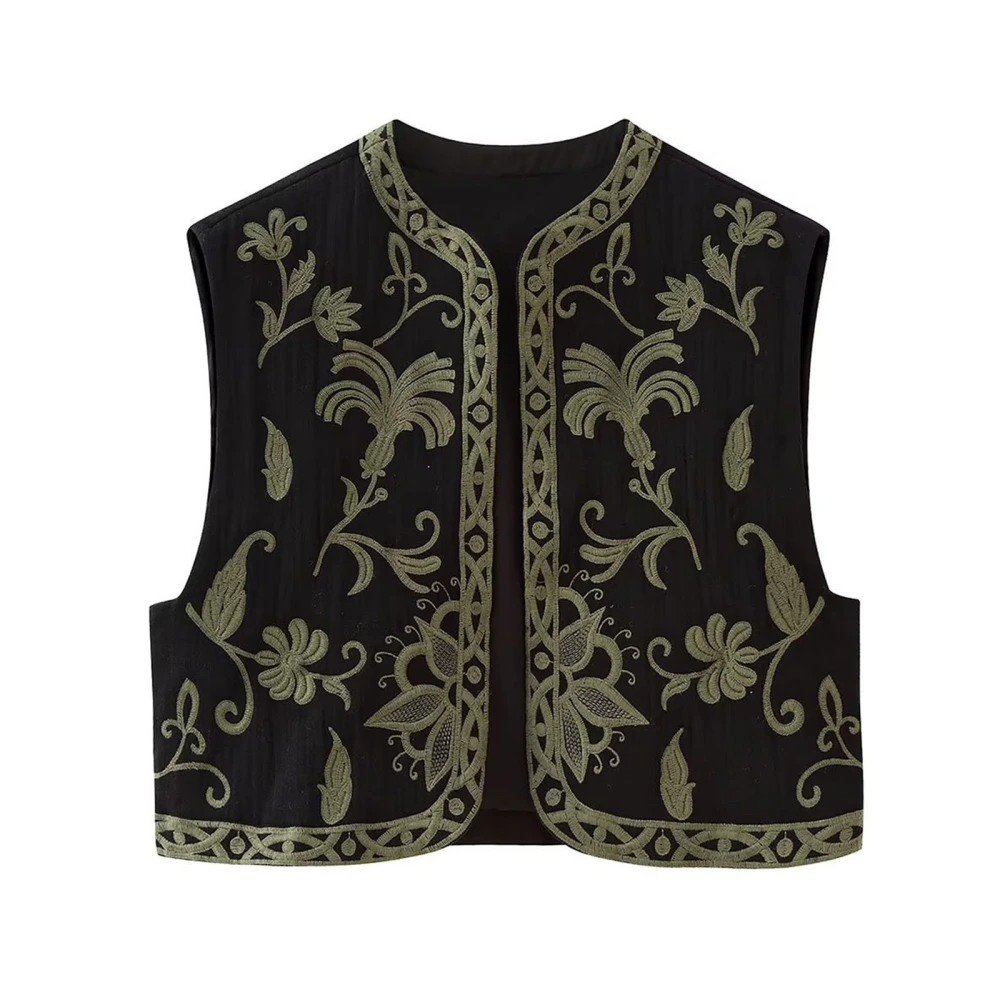 Women's Vintage Embroidered Floral Vest Sleeveless Open Waistcoat