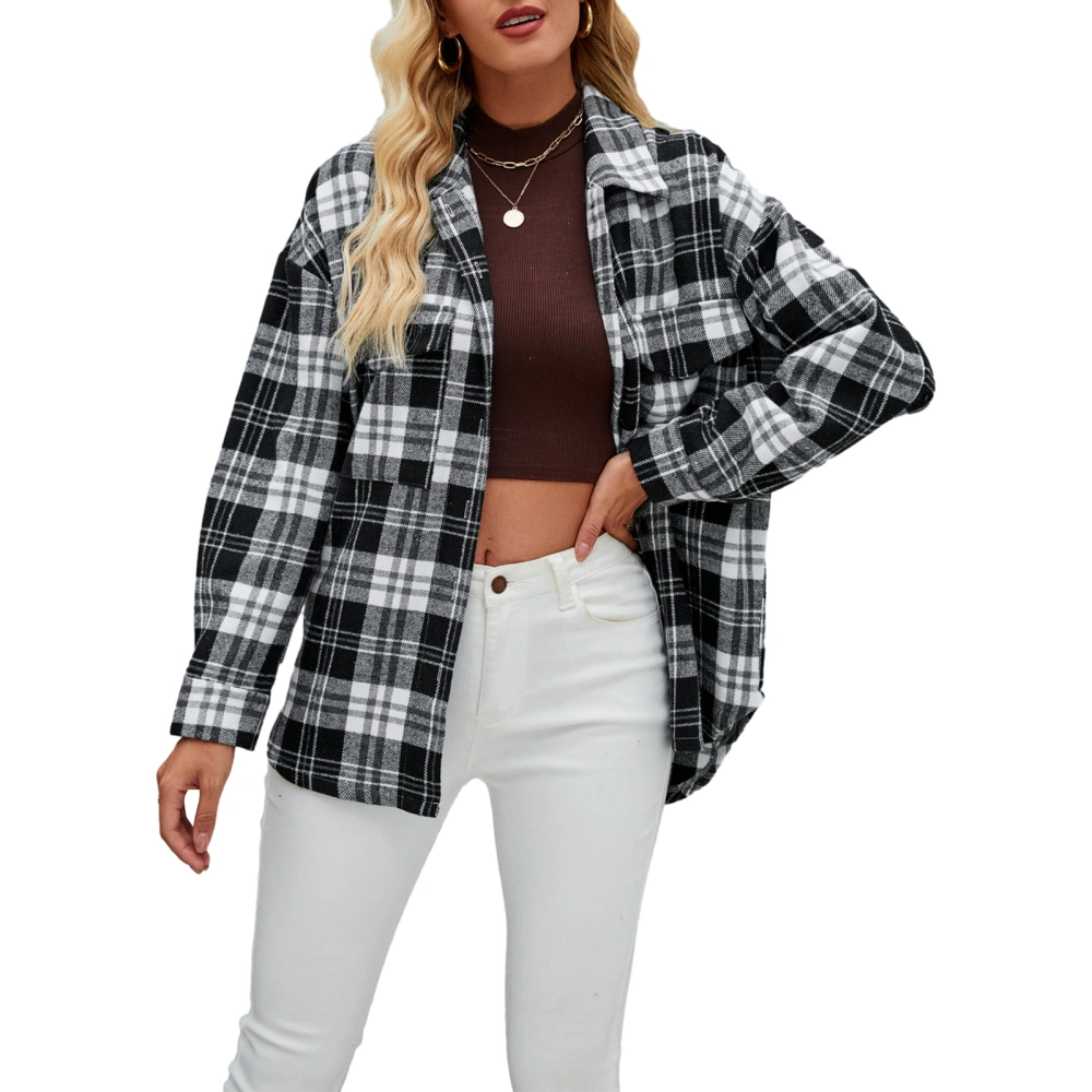 Women's Wool Shirts Jacket Plaid Turn-Down Collar Pockets Jacket