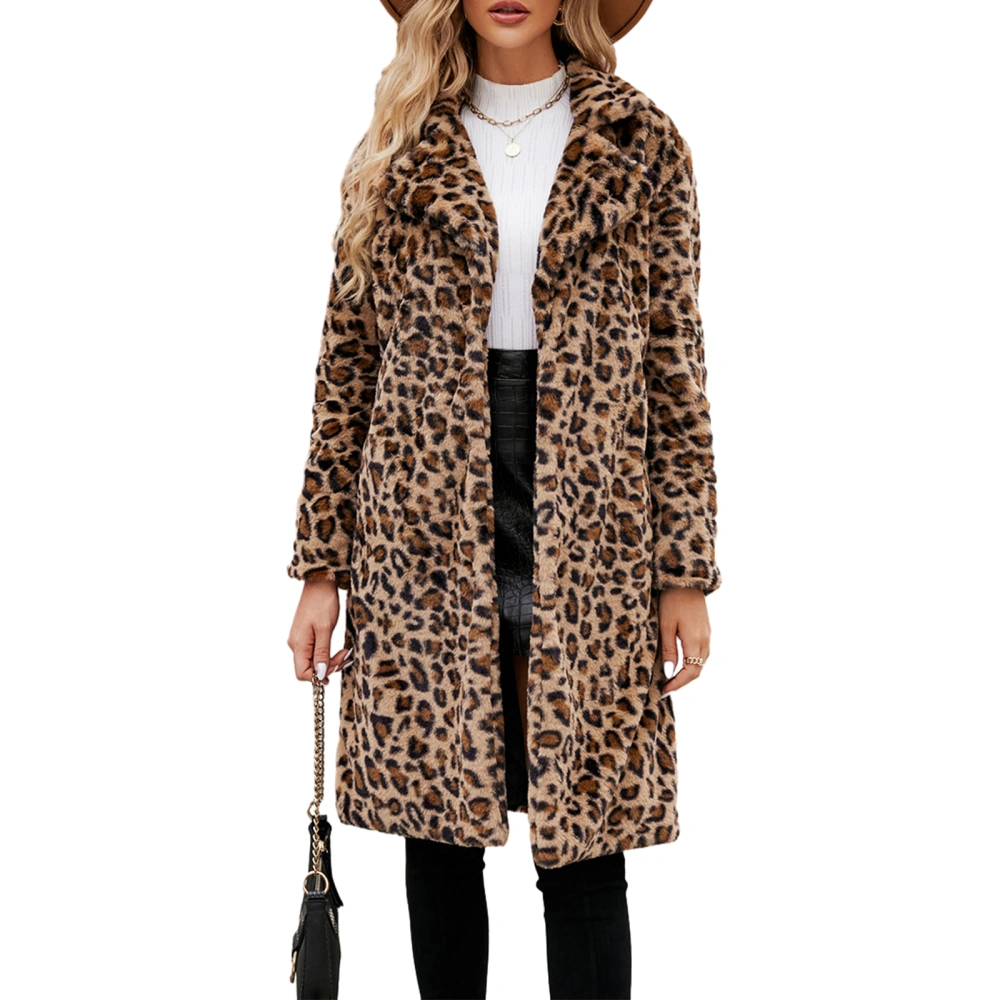 Women’s Leopard Faux Fur Coat, Long Sleeve Fleece Long Outwear