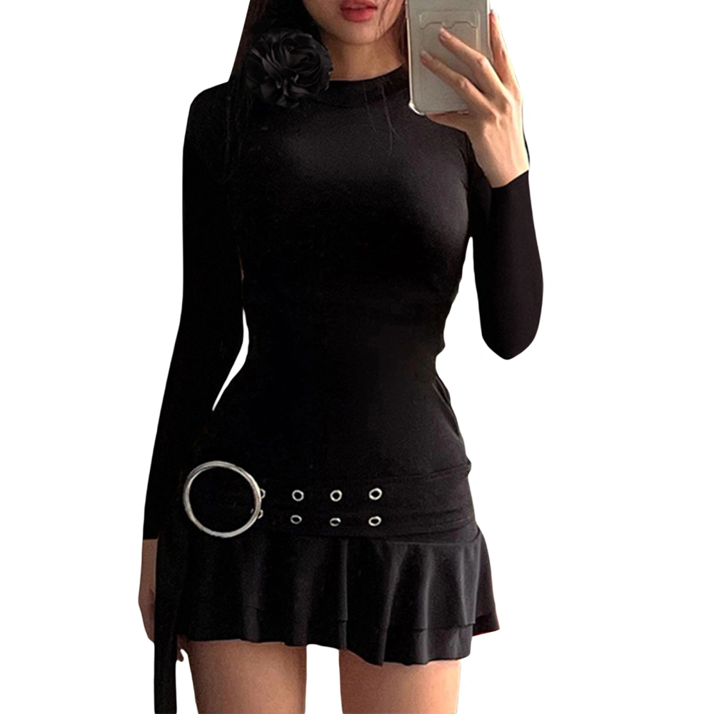 Women's Black Long Sleeve 3D Flower Decorated Dress with Belt