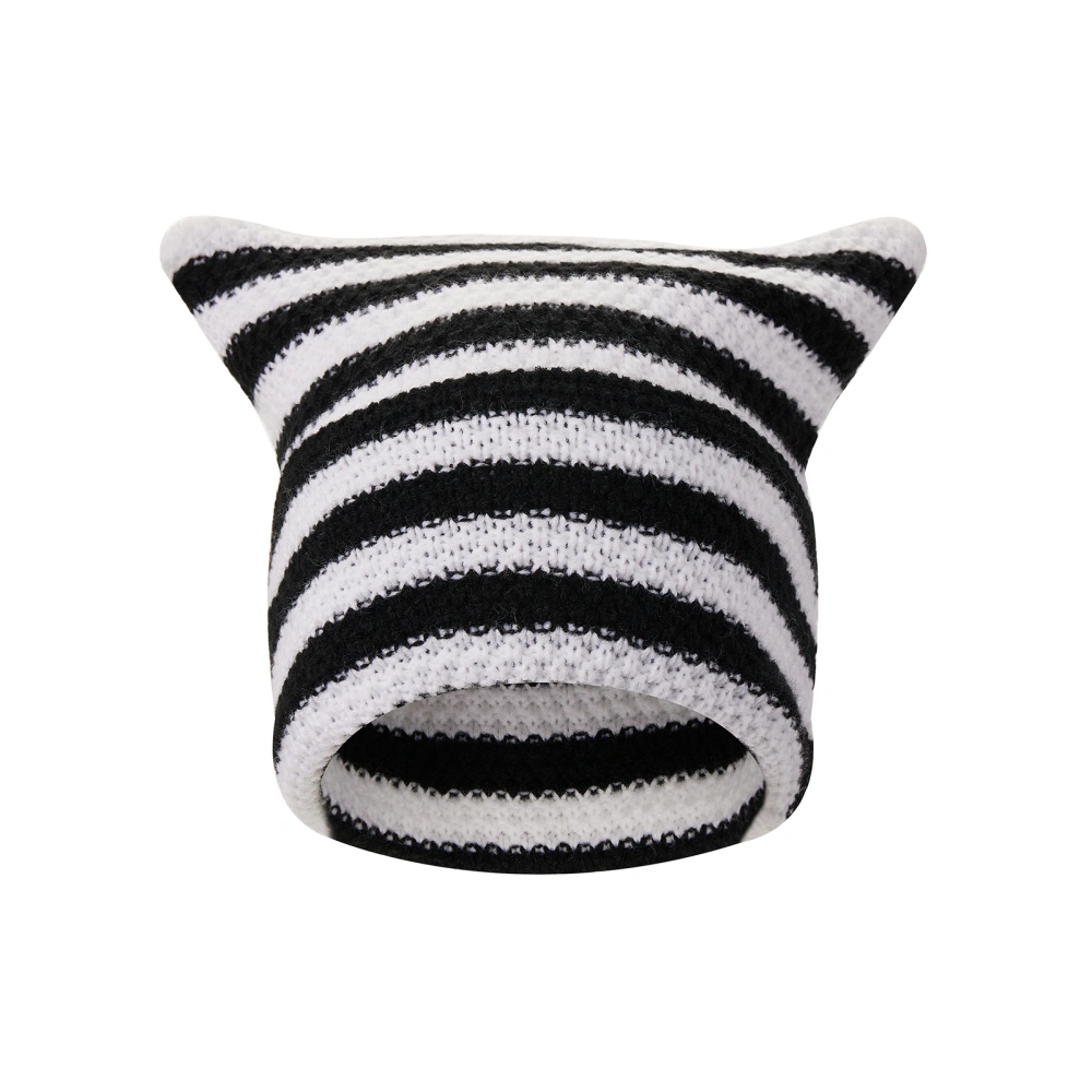 Women Fashion Beanie Cute Devil Cat Ears Knitted Hat Stripe Cap