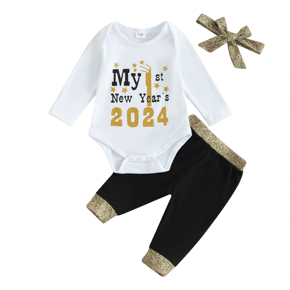 Baby New Year Letter&Star Print Long Sleeve Romper with Pants Headband