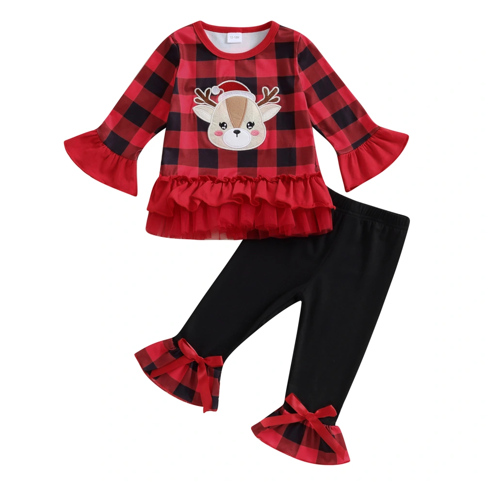 Girls Long Sleeve Elk Embroidery Plaid Tops Flared Pants Sets