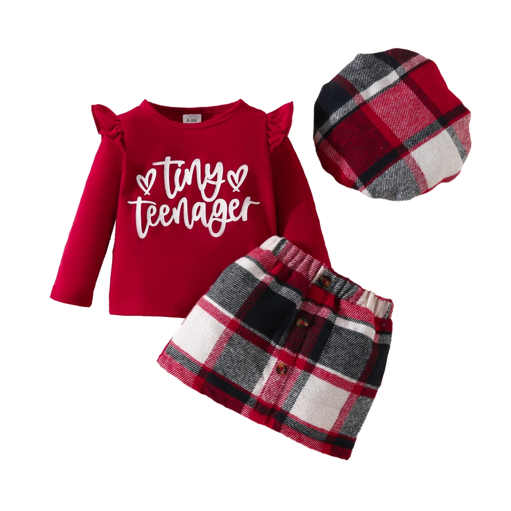 Girl Long Sleeve Ruffle Letter Print Tops Button Plaid Skirt Beret Set