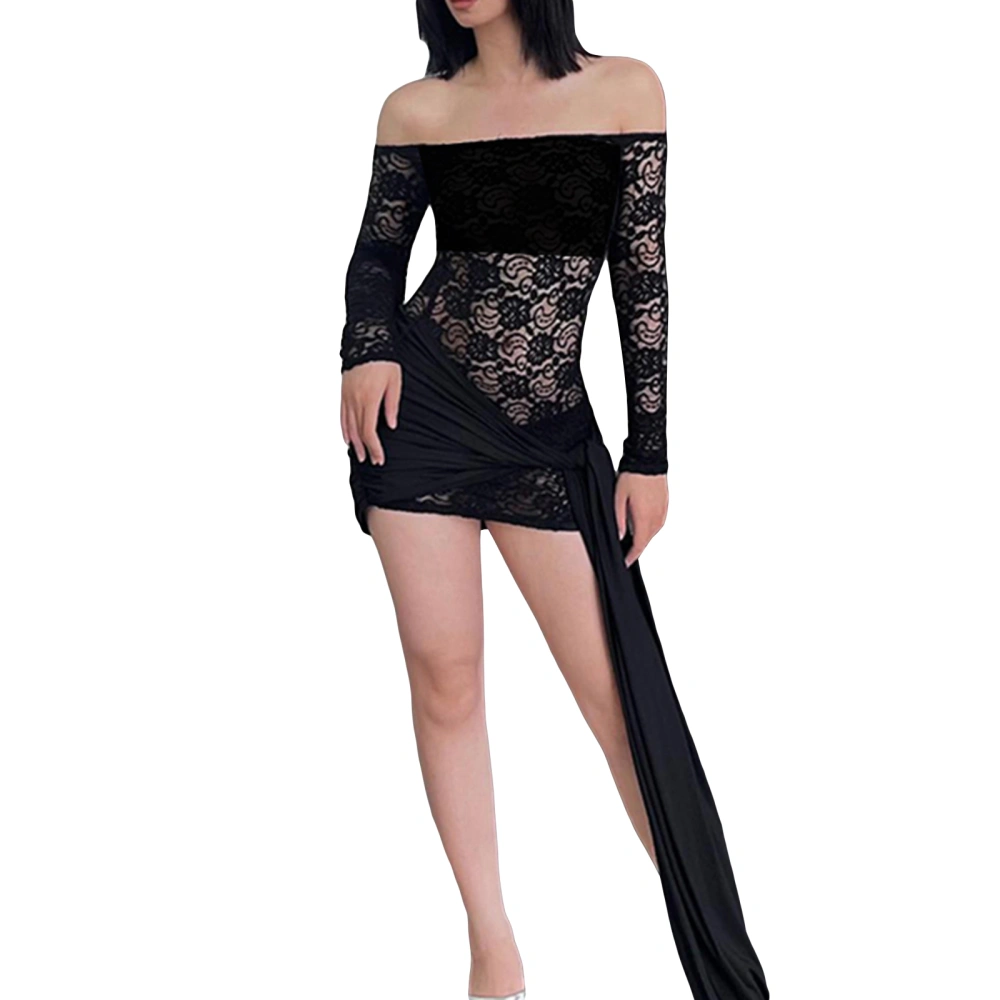 Women Mini Bodycon Dress Lace Mesh See-Through Boat Neck Dress