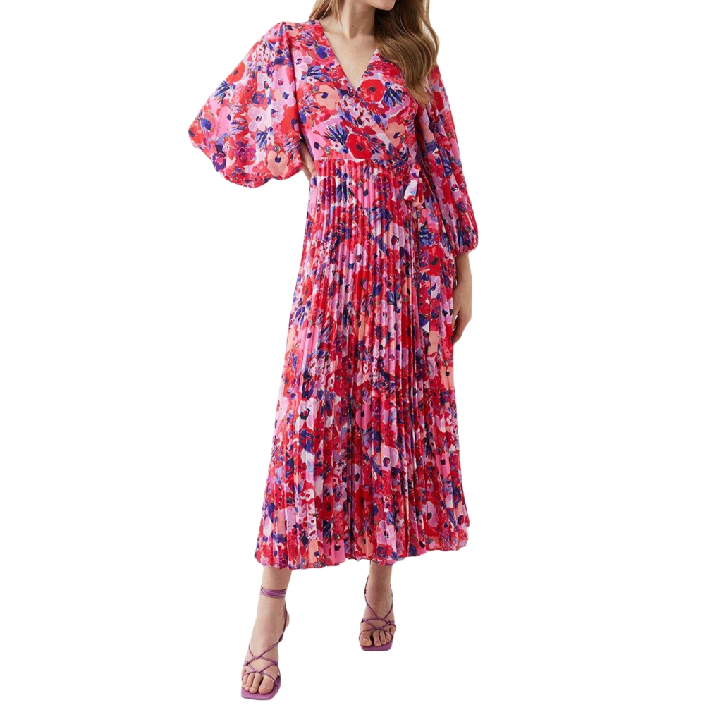 Women's Floral Print Dress Lantern Sleeve Wrap V Neck Pleated Dress