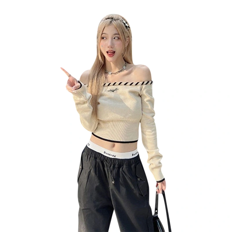 Women's Off-Shoulder Knit Cropped Tops Contrast Long Sleeve Knitwear