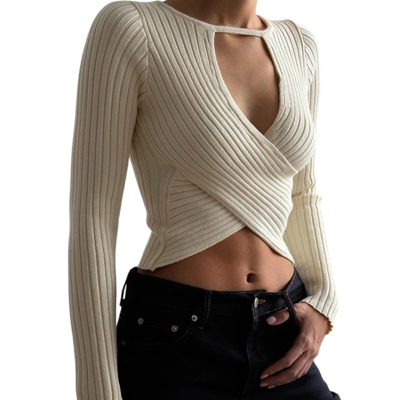 Women Knit Crop Tops Solid Color Cross Cutout Long Sleeve T-Shirts