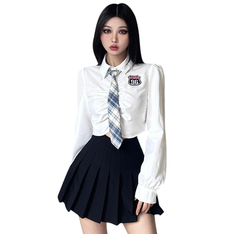 Women Crop Tops Ruched Long Sleeve Basic Shirt and Tie Set for Club 