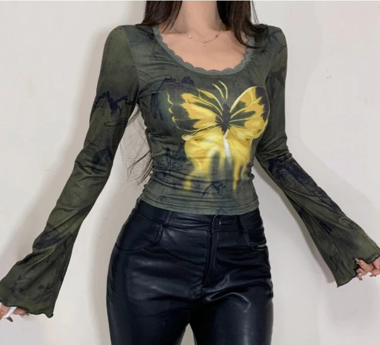 Women T-shirt Long Sleeve Butterfly Print Lace Patchwork Fall Tops