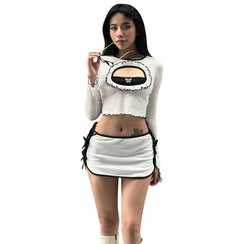 Women Fall Skirts Outfits Patchwork Cutout Knit Crop Tops Mini Skirts