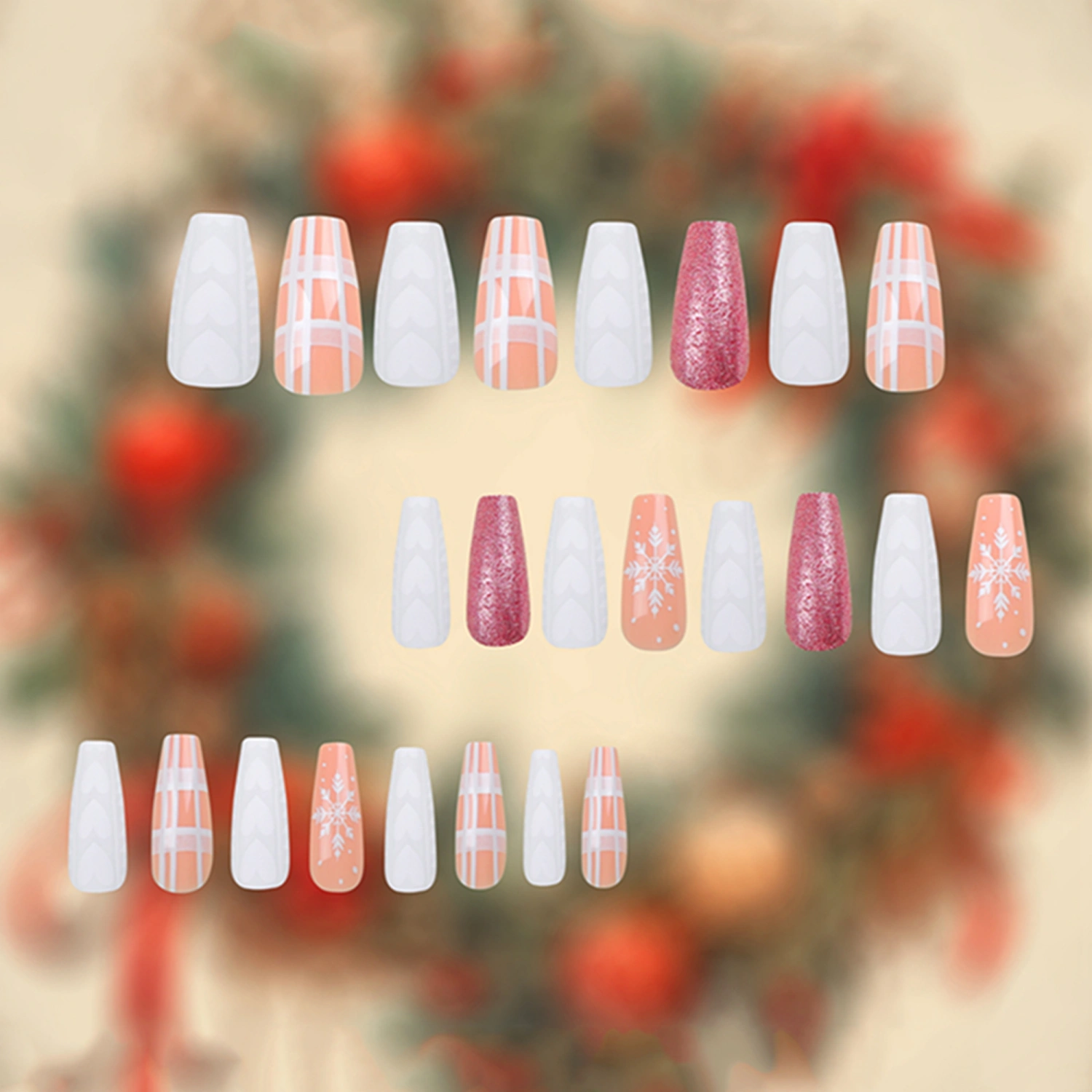 Christmas Fake Nails 24Pcs Long Square Nails with Heart Design