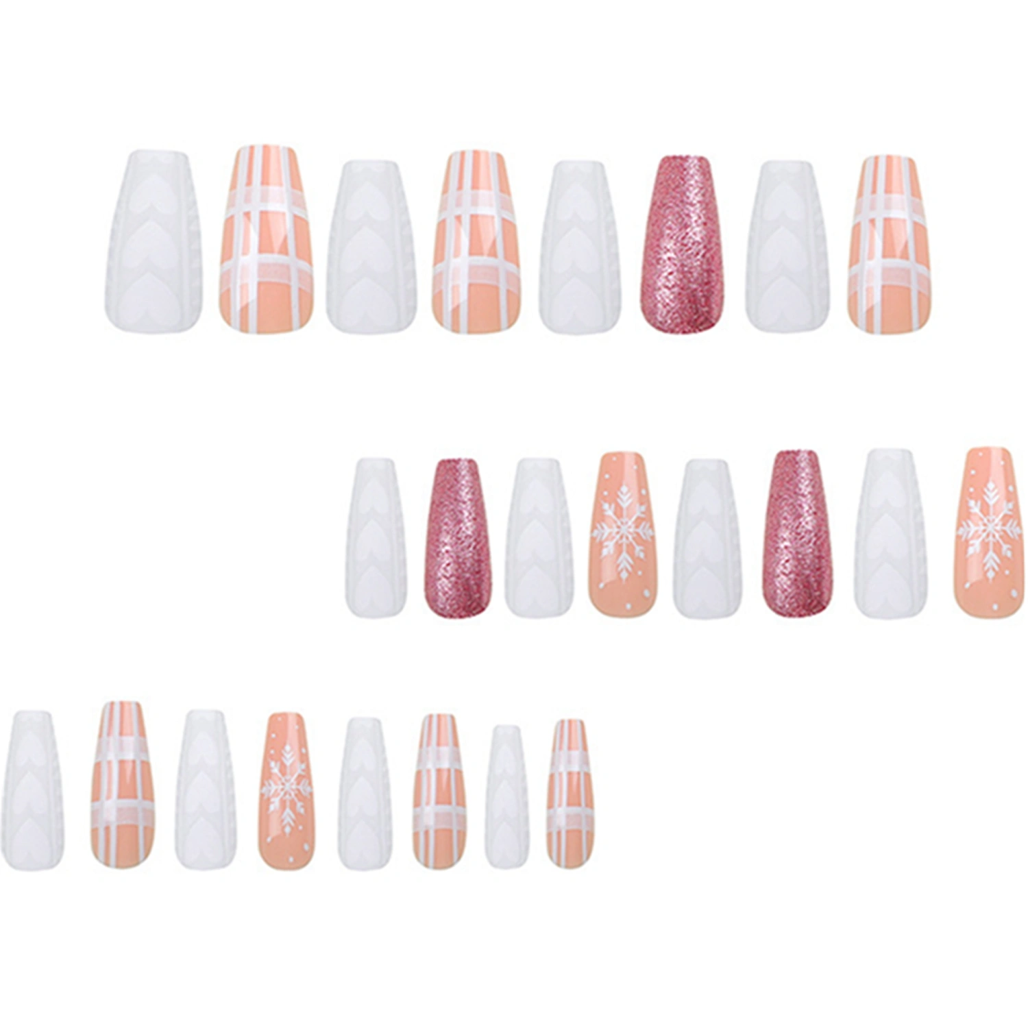 Christmas Fake Nails 24Pcs Long Square Nails with Heart Design