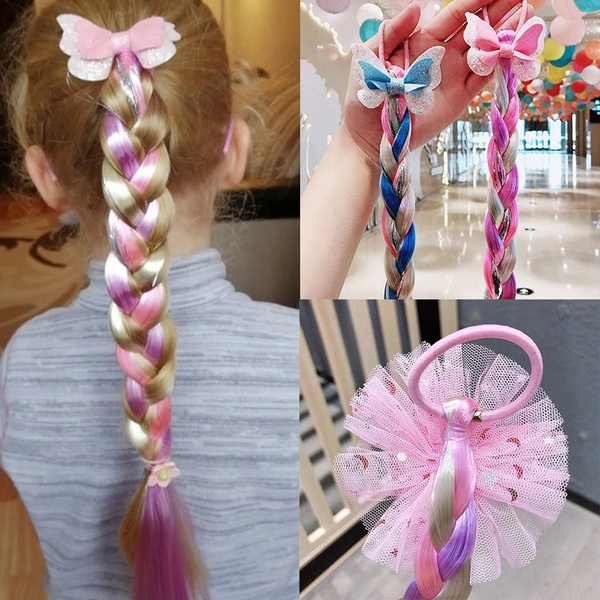 New Girls Cute Cartoon Bow Butterfly Colorful Braid Headband Kids Ponytail Holder Sequin Glitter Rubber Bands Fashion Hair Accessories