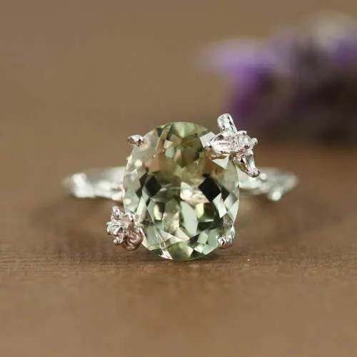 Fashion Round Cut Green Amethyst & White CZ Diamond Gemstone Jewelry branch Silver Ring Size 6 7 8 9 10