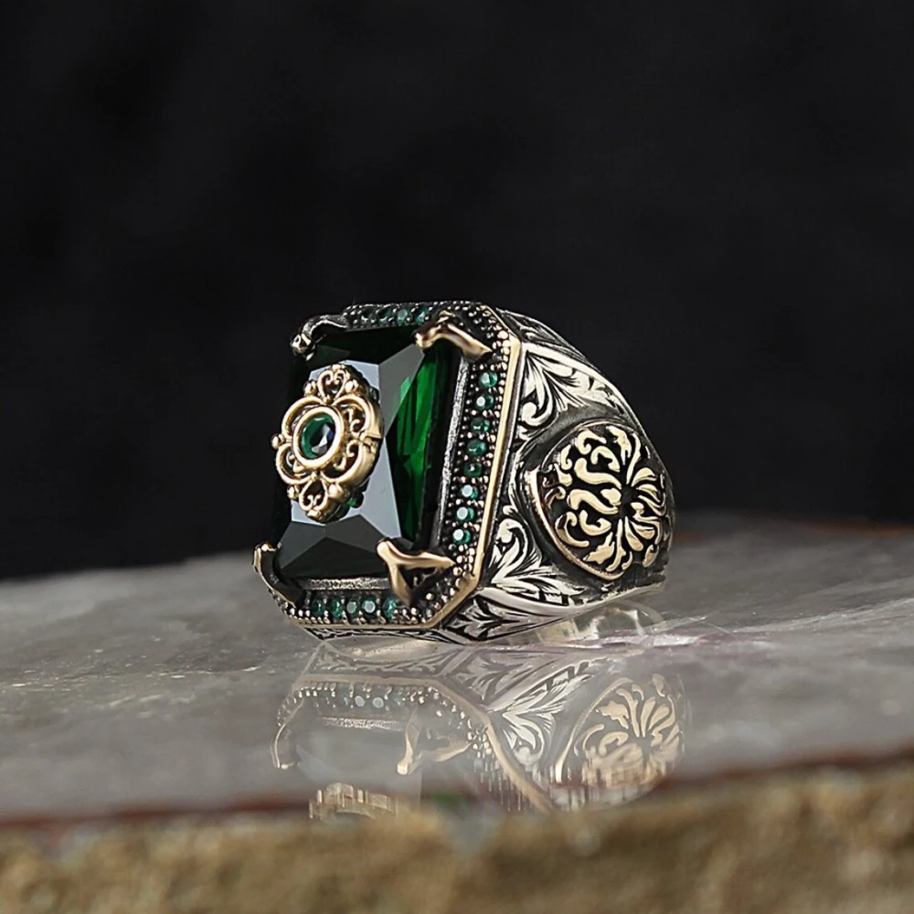 Vintage Men Ring with Green Zircon Stone Made In Turkey Celtic Handmade Ring