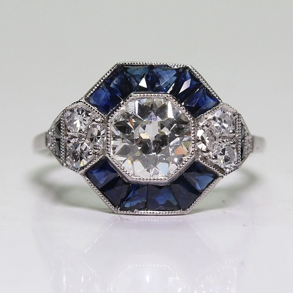 Jewelry Blue Crystal Rhinestone Ring Jewelry Bride Wedding Engagement Art Deco Ring