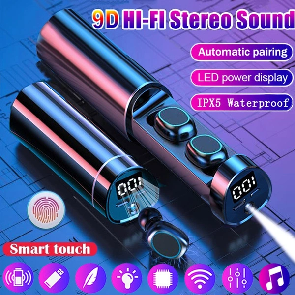 9D Stereo TWS Bluetooth5.1 Headset, Waterproof Sport Wireless Earbuds,Mini In Ear Touch Control Bluetooth Earbuds, Noise Cancelling Hifi Headphones with LED Charging Case and Flashlight