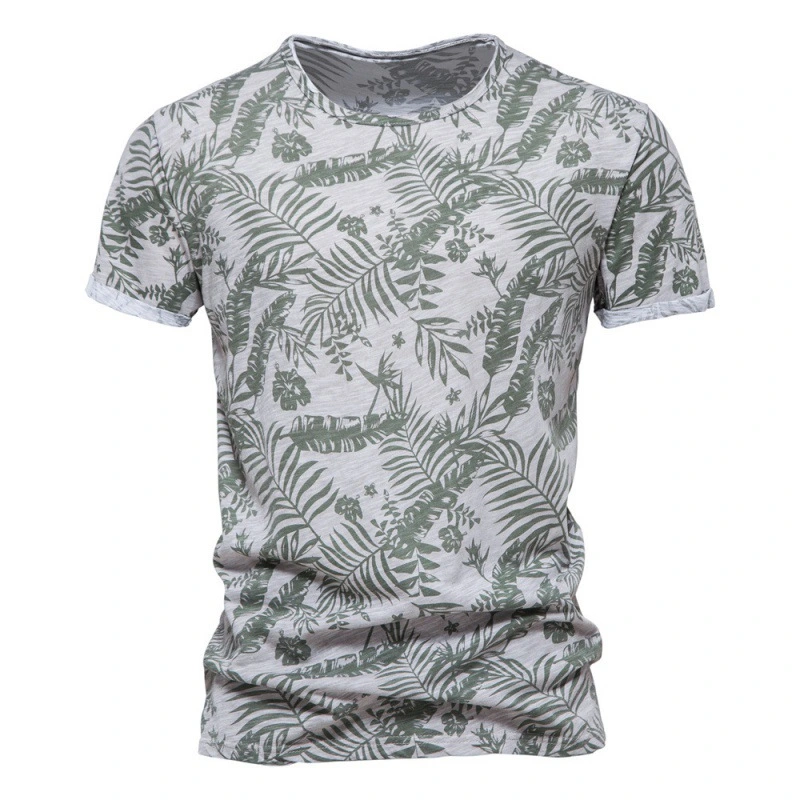 Men's Cotton Crew Neck Leaf Print Casual T-Shirt