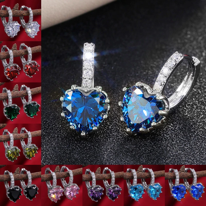 ZCM Womens Fashion Earrings Sapphire Blue Crystal Heart Leverback Earrings