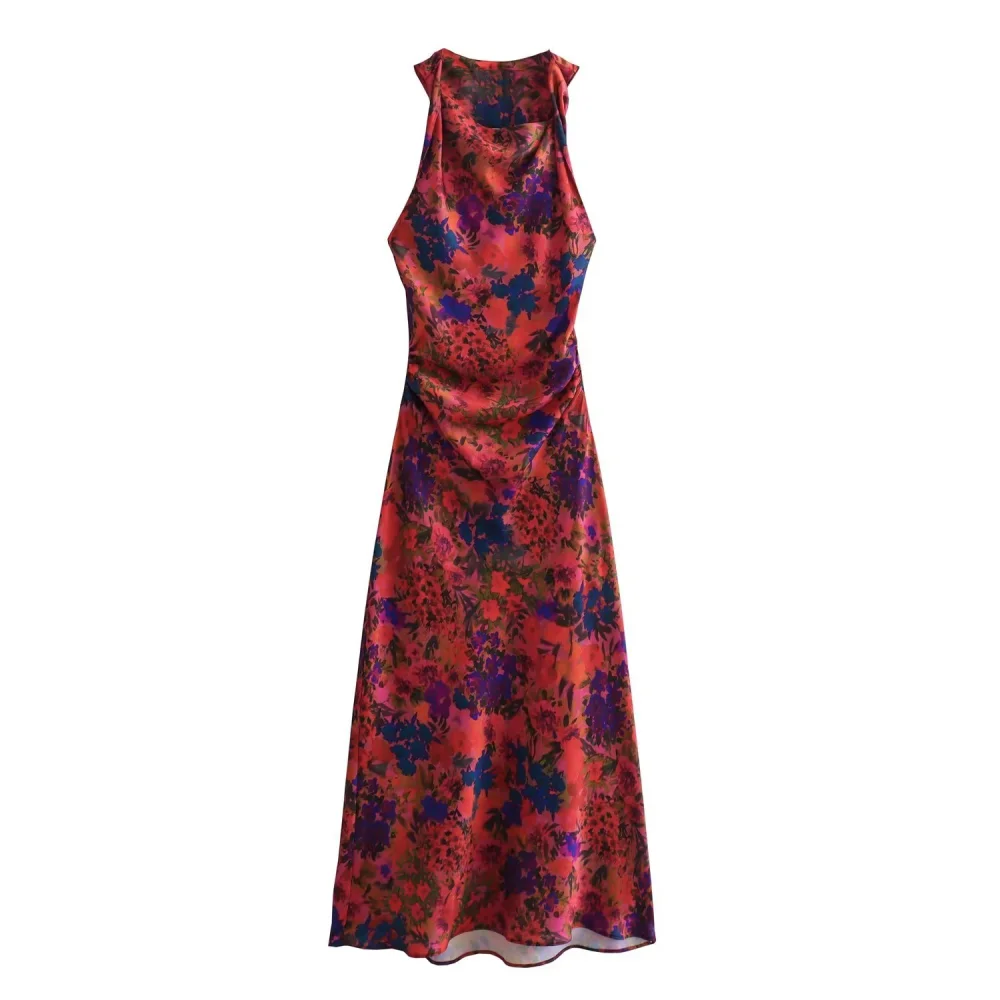 Flower Printed Silk Satin Dress