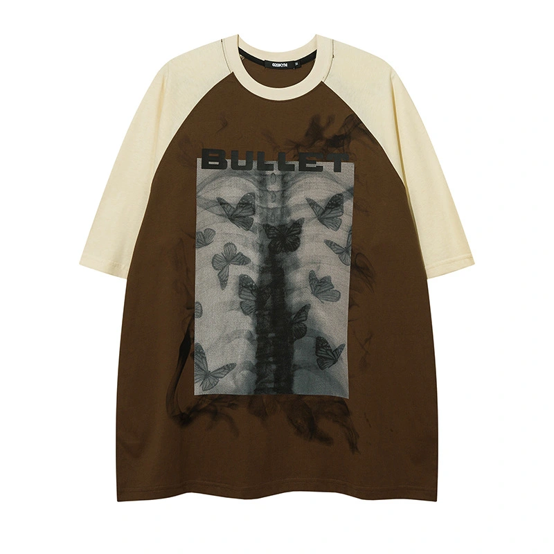 Summer Sweet Butterfly Printing Color Contrast Loose Round Neck Short Sleeve T-shirt
