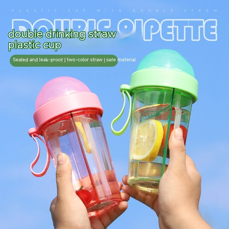 Double Drinking Straw Fruit Teas Plastic Cup Outdoor Large Capacity