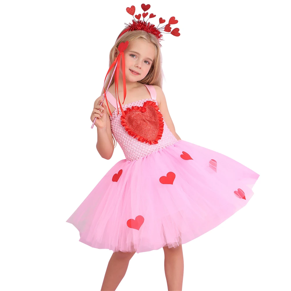 Girl’s Cosplay Costume, Sleeveless Heart Tulle Dress Headband Wand