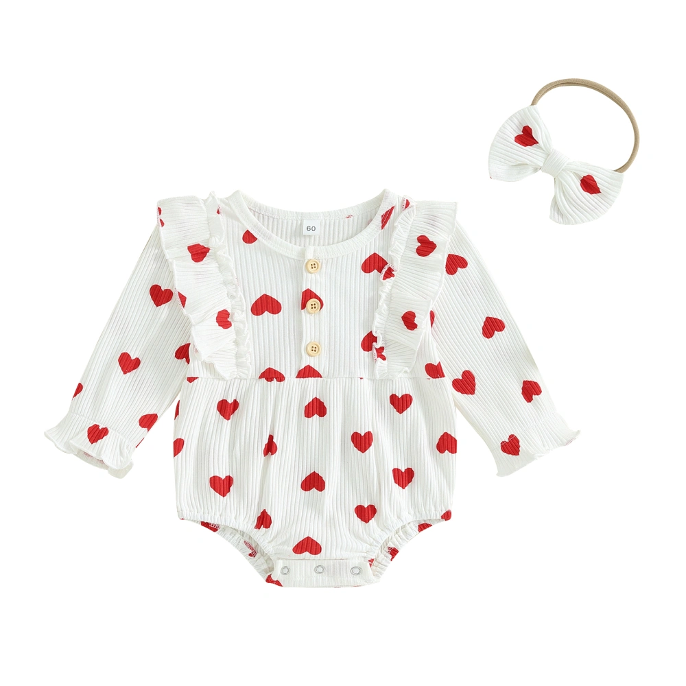 Baby Girls Long Sleeve Heart Print Button Romper with Headband