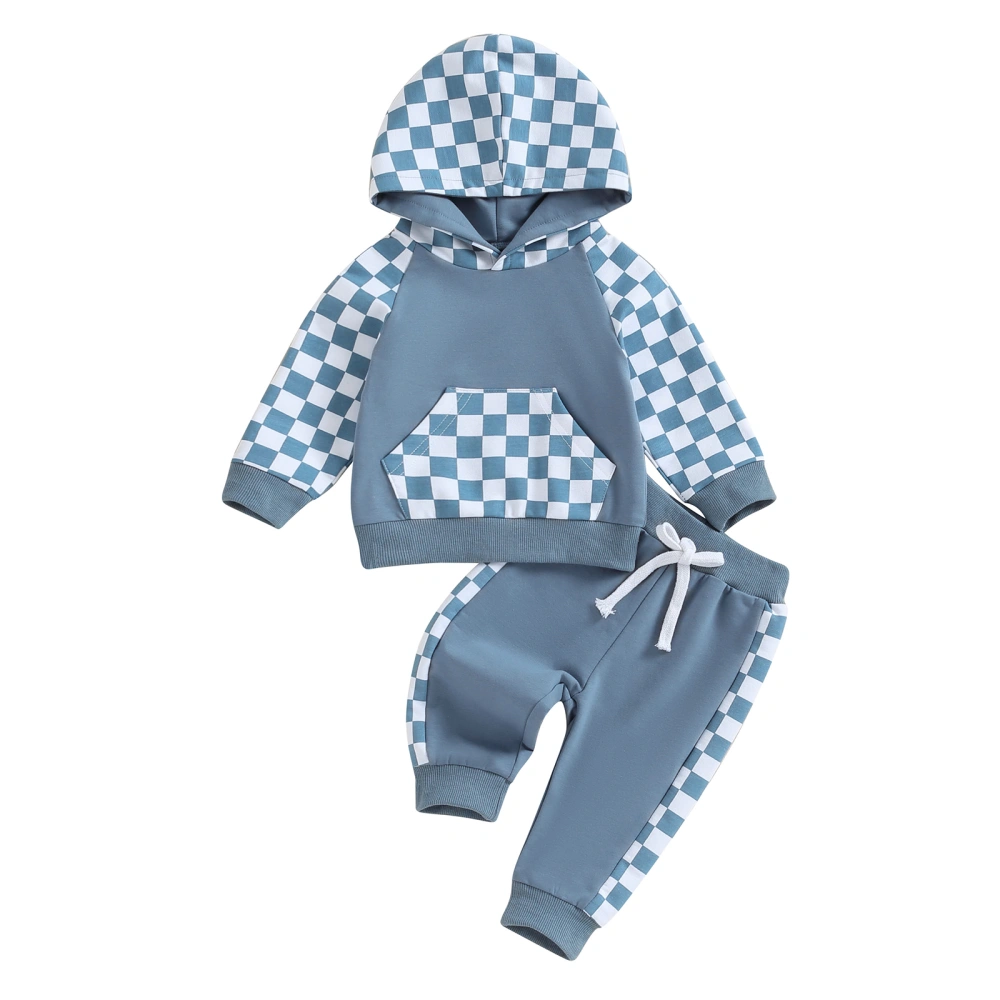 Toddler Boys Fall Outfits Checkerboard Print Hoodies and Long Pants