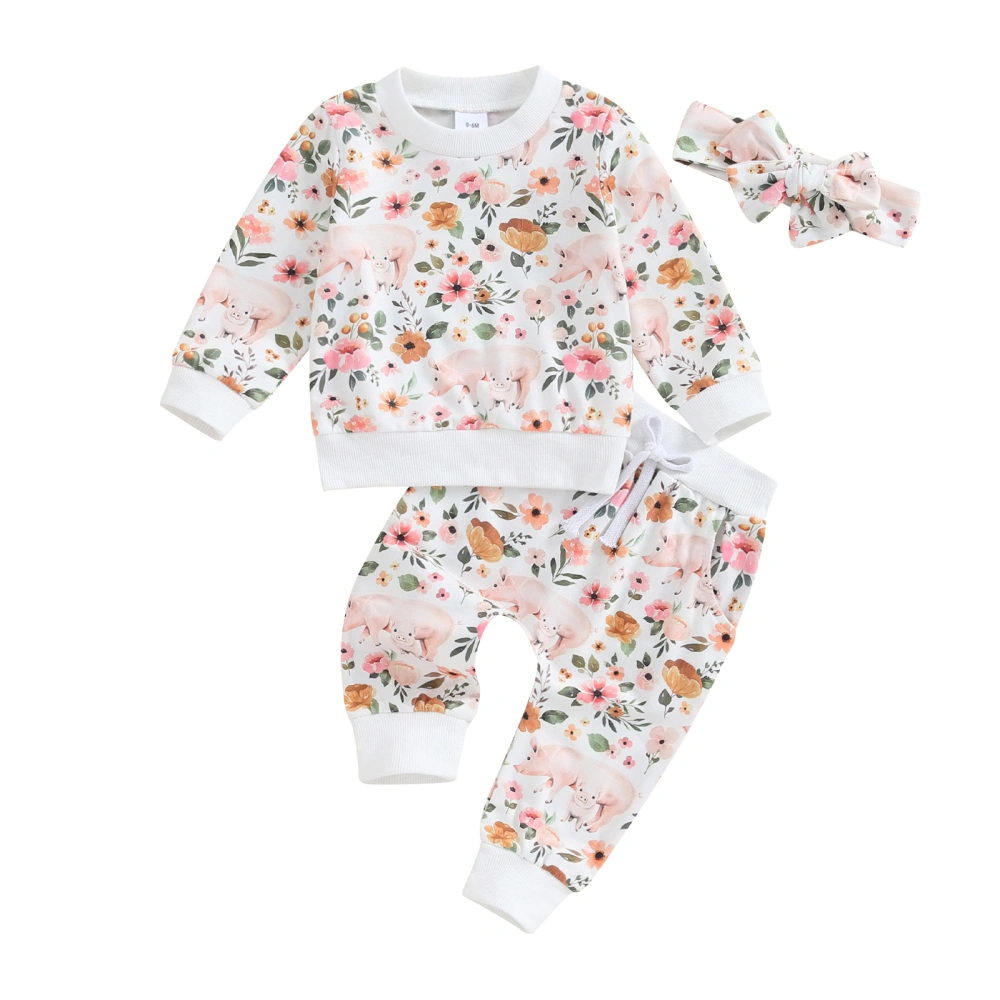 Baby Girls Fall Outfits Pig Floral Print Sweatshirt + Pants + Headband