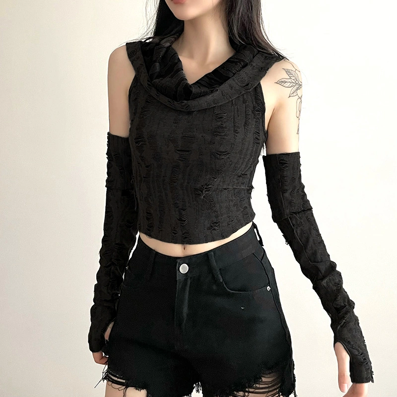 Women's Grunge Hood Tank Tops with Arm Sleeves Ripped Vest Streetwear