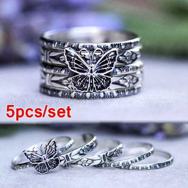 5Pcs/Set Vintage Silver Color Ring European Newest Design Creative Women's Fashion Jewelry Simple Five-piece Set Can Be Stacked Pattern Butterfly Ring Set Princess Engagement Wedding Ring Set Anniversary Mother's Day Christmas Gift Ring Set Birthday Party Ring Set Jewelry