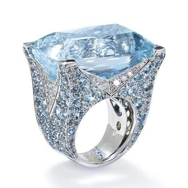 New fashion women's Jewelry exaggerated atmosphere blue zircon crystal ring Europe and America ladies luxury zircon party ring jewelry size US5-11