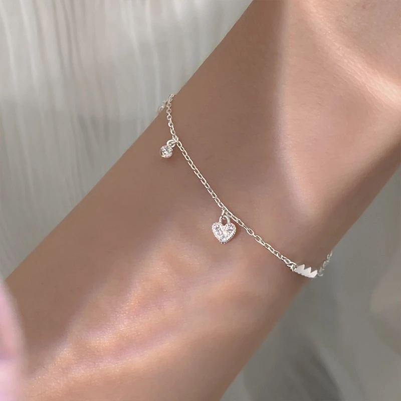 925 Sterling Silver Glossy Loving Heart Zircon Bracelet