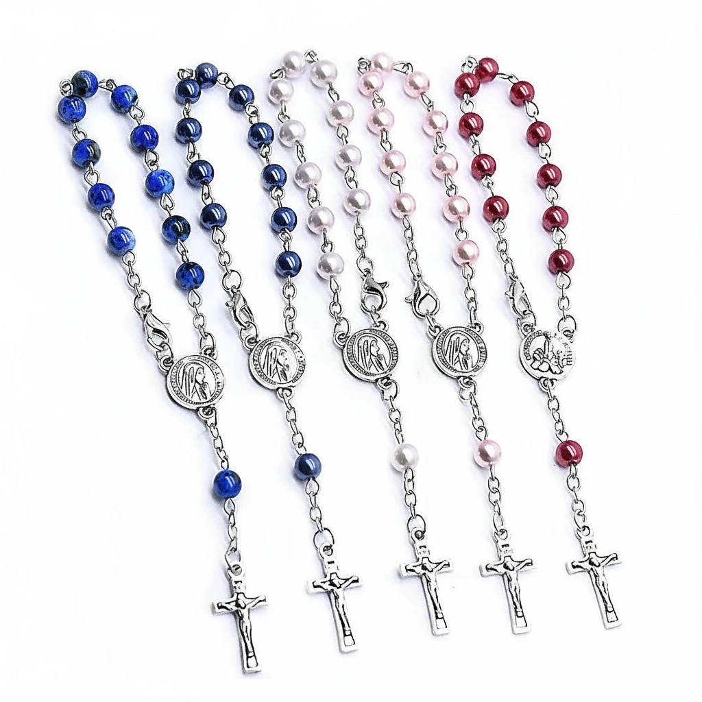 Boxed 6mm Pearl Rosary Bracelet Alloy Cross Bracelet Prayer Beads