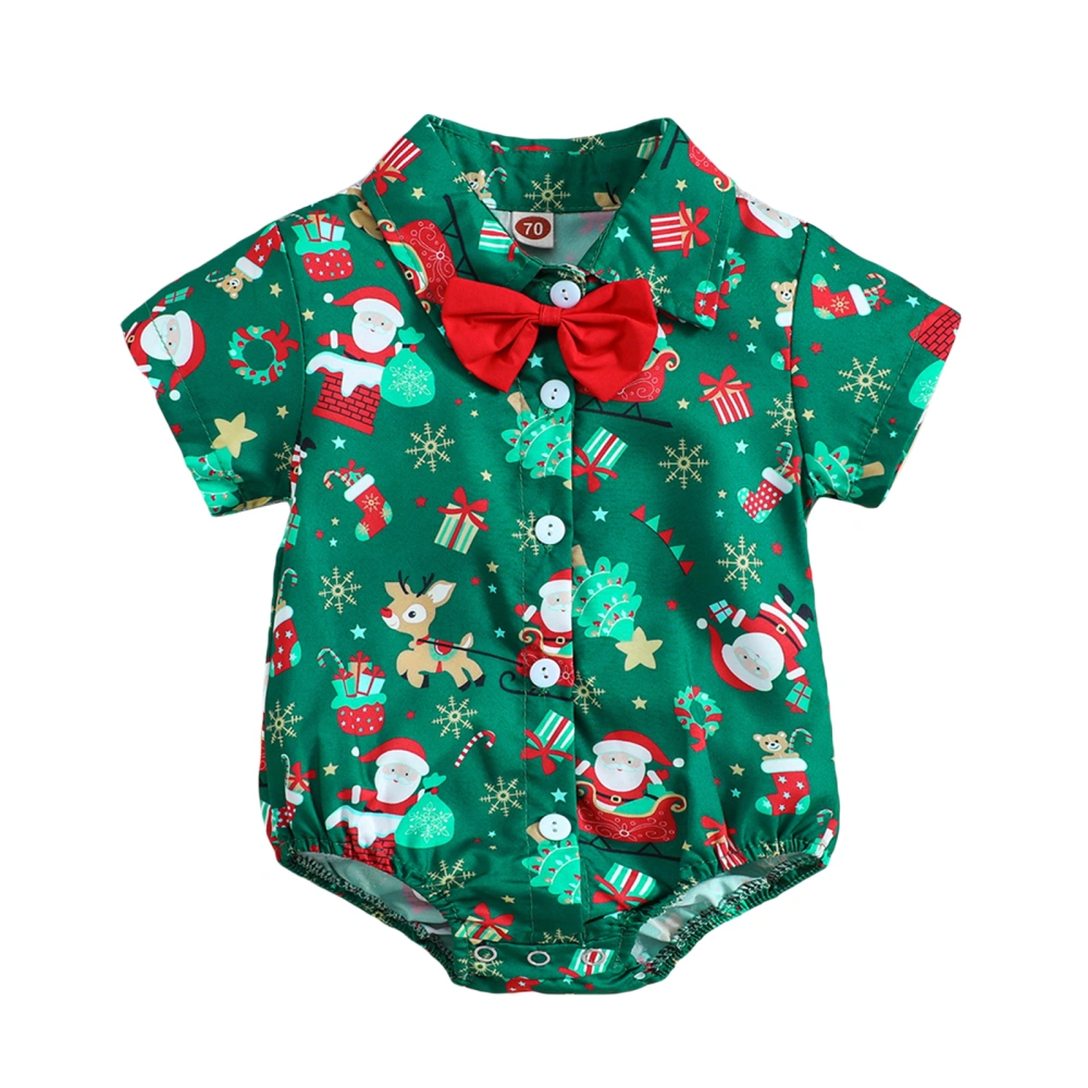 Baby Boy Christmas Romper Shirt Short Sleeve Button Bowtie Bodysuit